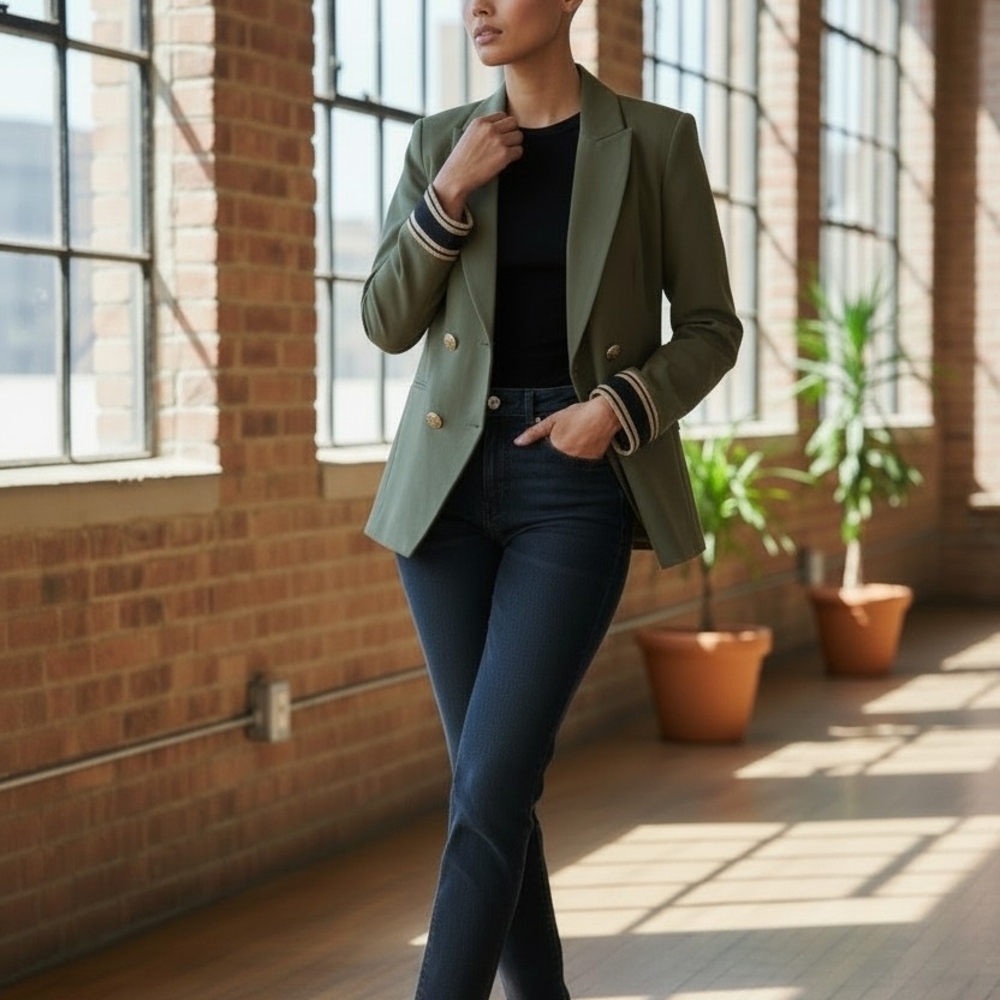 Scripted "Anaya"Olive Military Button Blazer Gold Crest Buttons XS